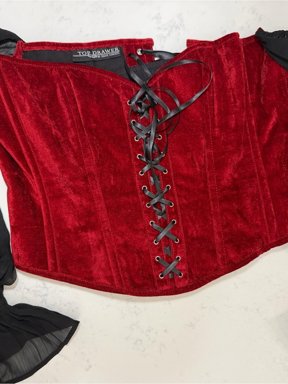 Red Velvet Lace-Up Corset with Black Lacing and black sleeves - Women’s Accessor - Picture 7 of 16